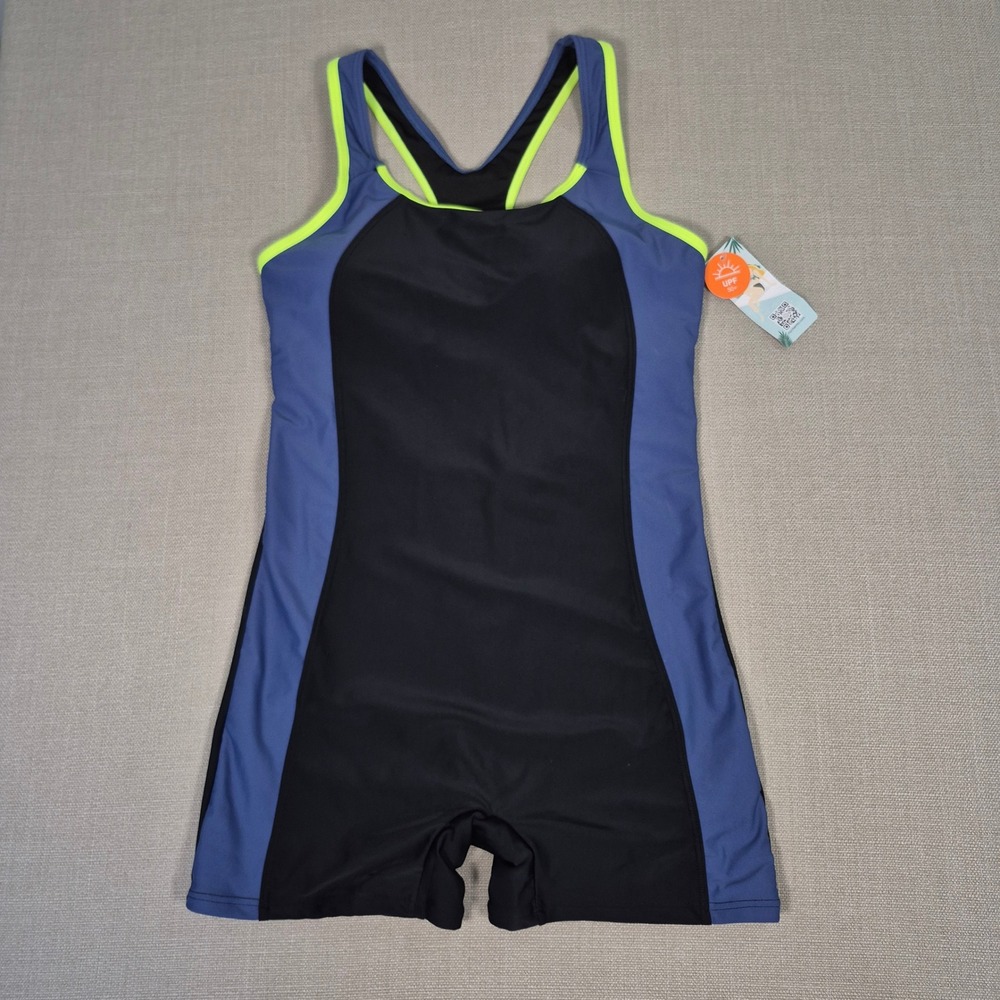 Attraco Women Black Blue Neon Colorblock Boyleg One Piece Swimsuit Size M NEW